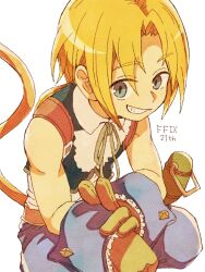 Rule 34 | anniversary, bare shoulders, blonde hair, blue eyes, blue wrist cuffs, brown gloves, curtained hair, english text, engrish text, eyes visible through hair, final fantasy, final fantasy ix, gloves, green vest, grin, ichi (pixiv6373491), long hair, low ponytail, monkey tail, neck ribbon, parted bangs, ponytail, ranguage, ribbon, shirt, sleeveless, sleeveless shirt, smile, squatting, tail, vest, white shirt, wrist cuffs, zidane tribal