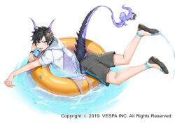 1boy afloat black_hair black_male_swimwear black_sandals commentary_request crab dragon_boy dragon_tail eating food full_body holding holding_food holding_popsicle hood hoodie horns hwansang_jungdog innertube king&#039;s_raid korean_commentary lying male_swimwear mixed-language_commentary neraxis official_art on_stomach partial_commentary popsicle purple_eyes purple_horns sandals short_hair solo swim_ring tail water white_hoodie yellow_innertube