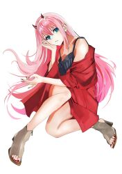 1girl alternate_costume aqua_eyes biting_own_lip black_shirt collarbone commentary darling_in_the_franxx davoxime eyelashes feet full_body hair_between_eyes hand_up high_heels highres horns jacket legs long_hair looking_at_viewer nail_polish open-toe_shoes pink_hair red_horns red_jacket red_nails shirt simple_background sitting solo toenail_polish toenails toes very_long_hair white_background zero_two_(darling_in_the_franxx)