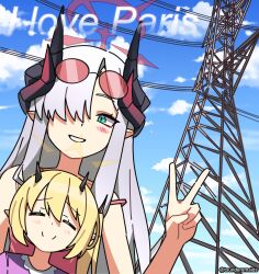 2girls arm_up black_horns blonde_hair blue_archive blue_sky blush cable closed_eyes cloud cloudy_sky day demon_girl demon_horns english_text eyewear_on_head gradient_horns green_eyes grey_hair hair_between_eyes hair_over_one_eye halo highres horns i_love_paris_(meme) ibuki_(blue_archive) long_hair looking_at_viewer makoto_(blue_archive) meme multicolored_horns multiple_girls multiple_horns pointy_ears ponytail power_lines purple_shirt red_halo red_shirt round_eyewear selfie shirt sky smile spaghetti_strap straight_hair sunglasses transmission_tower tsunderemaids twitter_username v watermark yellow_halo youtube_username