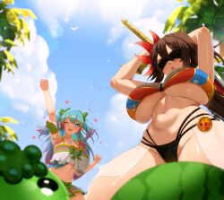 2girls aqua_eyes aqua_hair armpits bikini black_bikini blindfold blush breasts commission crop_top eremas-su food from_below fruit greatsword green_skirt groin hair_between_eyes highres holding holding_sword holding_weapon large_breasts lens_flare long_hair looking_at_another multicolored_bikini multicolored_hair multiple_girls navel one_eye_closed open_mouth original palm_tree pointy_ears ponytail shirt skirt slime_(creature) smile stomach suikawari sunlight swimsuit sword teeth tree underboob upper_teeth_only very_long_hair watermelon weapon white_shirt
