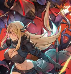 1girl amanda_lapalme armor black_gloves blonde_hair breasts cleavage cleavage_cutout clothing_cutout cosplay creatures_(company) crop_top cynthia_(pokemon) darkchylde demon elbow_spikes game_freak garchomp gen_4_pokemon gloves holding holding_sword holding_weapon huge_weapon large_breasts long_hair looking_at_viewer magik_(x-men) marvel marvel_rivals midriff navel nintendo pokemon pokemon_dppt short_shorts shorts spiked_pauldrons sword weapon x-men