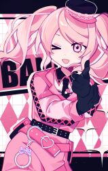 &gt;_o 1other ;d akiyama_mizuki argyle_background belt black_gloves black_hat black_necktie chain chinese_commentary chromatic_aberration commentary_request contrapposto cowboy_shot cross-laced_clothes cross-laced_sleeves cuffs detached_collar dot_nose english_text finger_gun gloves grid_background handcuffs hat heart highres holding_own_wrist lapels laylayhappy letterboxed long_hair long_sleeves looking_at_viewer necktie one_eye_closed open_mouth other_focus outside_border pants pink_background pink_belt pink_eyes pink_pants pink_shirt pink_theme pink_trim project_sekai puffy_long_sleeves puffy_sleeves shirt simple_background smile solo standing studded_belt swept_bangs tie_clip twintails white_background wind