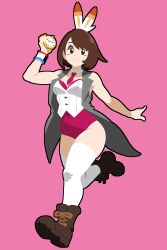 Rule 34 | 1girl, absurdres, alternate costume, animal ears, boots, brown boots, brown eyes, brown hair, coat, detached collar, dynamax band, fake animal ears, full body, gloria (pokemon), grey coat, hand up, highres, holding, holding pocket watch, leotard, looking at viewer, necktie, nintendo, nontraditional playboy bunny, pink background, pink leotard, pink necktie, pocket watch, pokemon, pokemon swsh, rabbit ears, saucy aussy, short hair, short necktie, simple background, sleeveless, sleeveless coat, smile, solo, strapless, strapless leotard, tailcoat playboy bunny, thighhighs, vest, walking, watch, white thighhighs, white vest
