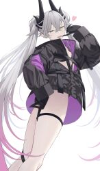 1girl black_hands black_jacket black_panties breasts colored_extremities crossed_bangs demon_girl demon_horns ear_piercing fate/grand_order fate_(series) green_eyes grey_hair hair_between_eyes highres horns jacket kake_udon lilith_(fate) lilith_(first_ascension)_(fate) lilith_(second_ascension)_(fate) long_hair long_sleeves looking_at_viewer medium_breasts panties piercing pointy_ears thigh_strap thighs twintails underwear very_long_hair