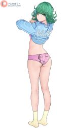 1girl absurdres ass back-print_panties blue_shirt bra breasts character_print commentary curly_hair dismaiden english_commentary green_eyes green_hair highres lifting_own_clothes looking_at_viewer one-punch_man panties patreon_logo patreon_username pink_bra pink_panties print_panties saitama_(one-punch_man) shirt simple_background small_breasts socks solo standing tatsumaki underwear undressing wedgie white_background yellow_socks