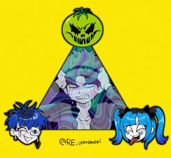 Rule 34 | 2boys, 2girls, amemiya darumi, black bow, black hair, blue hair, blue hat, blue jacket, bow, closed eyes, ear piercing, earrings, eyepatch, face piercing, furukawa (yomawari), hands on own head, hat, head only, heart, jacket, jewelry, lip piercing, makeup, maruko gaku, mask, mask on head, multicolored hair, multiple boys, multiple girls, omokage yugamu, oosuzuki kurara, piercing, runny makeup, shirt, short hair, the hundred line -last defense academy-, tomato, tongue, tongue out, triangle, twintails, upper body, white shirt, yellow background