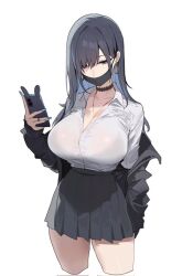 1girl black_choker black_hair black_jacket black_skirt breasts cellphone ch4a choker cleavage collared_shirt cropped_legs earrings holding holding_phone jacket jewelry large_breasts long_hair long_sleeves mask mouth_mask nail_polish necklace off_shoulder open_clothes original phone pleated_skirt shirt shirt_tucked_in simple_background skirt smartphone solo thighs white_background white_shirt