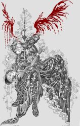 2girls ascot blood bloodborne bonnet boots bow breen_(geppert_kristy) cloak closed_eyes coat doll_joints dress flower gem gloves greyscale hat hat_feather highres holding holding_weapon joints lady_maria_of_the_astral_clocktower long_hair long_sleeves monochrome multiple_girls plain_doll rakuyo_(bloodborne) simple_background skirt sword tricorne weapon white_ascot white_hair