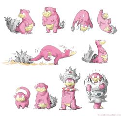 aqua_eyes commentary creature creatures_(company) crown evolutionary_line game_freak gem gen_1_pokemon gen_2_pokemon looking_at_viewer mega_pokemon mega_slowbro motion_lines mouth_hold nintendo pokemon pokemon_(creature) simple_background slowbro slowking slowpoke speed_lines standing twarda8 water wet white_background