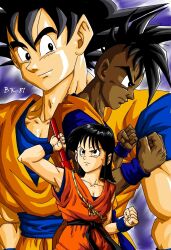 1girl 2boys black_eyes black_hair dark-skinned_male dark_skin dragon_ball dragon_ball_multiverse grandfather_and_granddaughter happy master_and_apprentice master_and_pupil multiple_boys muscular muscular_male pan_(dragon_ball) ruyi_jingu_bang serious smile son_goku uub