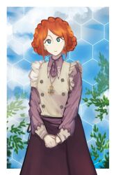 1girl blue_sky border closed_mouth cloud collared_shirt eyelashes highres jewelry kyokugen_dasshutsu kyokugen_dasshutsu_adv:_zennin_shibou_desu lily_(superkiiisa) long_sleeves looking_at_viewer luna_(kyokugen_dasshutsu) necklace orange_hair own_hands_together purple_shirt shirt short_hair sky smile vest white_border white_vest