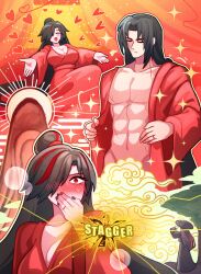 1boy 1girl abs black_hair blush breasts cleavage convenient_censoring gredell_elle hair_over_one_eye highres jia_qiu_(project_moon) large_breasts limbus_company long_hair multicolored_hair muscular muscular_male open_clothes open_robe project_moon red_eyes red_hair red_robe robe streaked_hair two-tone_hair zigong_(project_moon)