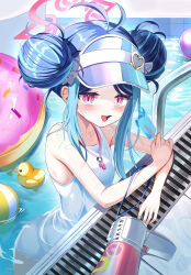 1girl absurdres antenna_hair blue_archive blue_hair chanpower233 donut_innertube double_bun flat_chest food fubuki_(blue_archive) fubuki_(swimsuit)_(blue_archive) hair_bun highres looking_at_viewer megaphone multicolored_hair one-piece_swimsuit pool_ladder poolside popsicle red_eyes school_swimsuit smile solo swimsuit upper_body visor_cap water whistle whistle_around_neck white_one-piece_swimsuit