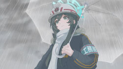 1girl armband black_jacket blue_archive blue_armband blue_halo closed_mouth from_below green_eyes green_hair halo helmet highres holding holding_umbrella jacket long_hair long_sleeves looking_at_viewer minori_(blue_archive) ossa_2019 rain scarf solo umbrella upper_body white_helmet white_scarf