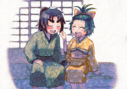 Rule 34 | 1boy, 1girl, :d, black hair, blush, bow, chipped tooth, closed eyes, dated, green kimono, hair bow, husband and wife, japanese clothes, kimono, obi, open mouth, ponytail, samurai usagi, sash, shouji, sitting, sliding doors, smile, tennen amaguri, thick eyebrows, udogawa gosuke, udogawa shino, yellow kimono