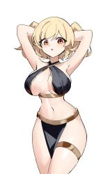 1girl :o absurdres alternate_costume armpits arms_behind_head blonde_hair breast_curtains breasts burnice_white commentary_request harem_outfit highres korean_commentary large_breasts looking_at_viewer navel pelvic_curtain ppangchil presenting_armpit red_eyes short_hair simple_background solo stomach thigh_strap twintails white_background zenless_zone_zero