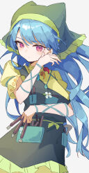 Rule 34 | 1girl, apron, blue hair, breasts, commentary, dress, green apron, green headscarf, haniyasushin keiki, headscarf, hinataku1222, jewelry, long hair, looking at viewer, magatama, magatama necklace, necklace, pink eyes, short sleeves, single strap, solo, touhou, very long hair, wood carving tool, yellow dress