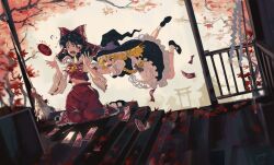 2girls absurdres black_hair blonde_hair bow braid commentary detached_sleeves hair_bow hakurei_reimu hat highres kirisame_marisa kneeling long_hair multiple_girls open_mouth touhou witch_hat yautja yellow_eyes
