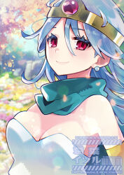 1girl blue_hair blurry blurry_background blush breasts cape cleavage closed_mouth commentary_request dragon_quest dragon_quest_iii eyelashes gem green_cape hair_between_eyes highres kuzuno_ha large_breasts long_hair looking_at_viewer red_eyes red_gemstone sage_(dq3) smile solo upper_body watermark