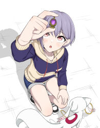 1girl anglediana arm_up bang_dream! bang_dream!_it&#039;s_mygo!!!!! blue_hoodie blue_shorts brown_eyes chinese_commentary commentary_request copyright_request grey_hair highres hood hood_down hoodie long_sleeves open_mouth parody_request shadow short_hair shorts solo squatting takamatsu_tomori variant_set