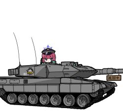1girl black_hat blue_archive chibi commentary_request grey_eyes halo hat hrna iroha_(blue_archive) leopard_2 looking_at_viewer military military_hat military_vehicle motor_vehicle on_tank peaked_cap red_hair simple_background solo tank vehicle_focus wavy_hair white_background