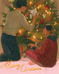 2boys animal arm_up barefoot black_hair black_hood black_pants blonde_hair brown_eyes calico_cat cat christmas christmas_tree christmas_tree_ornament collared_shirt commentary english_commentary english_text gift haikyuu!! hair_behind_ear hair_bun hebi86070749 highres holding holding_scissors hood hood_down hoodie indian_style jacket kneeling kozume_kenma kuroo_tetsurou long_sleeves looking_at_another male_focus medium_hair merry_christmas multicolored_cat multicolored_hair multiple_boys pants red_jacket red_pants ribbon scissors shirt shirt_tucked_in sideways_mouth sitting sleeve_cuffs smile teeth tree white_shirt yellow_ribbon