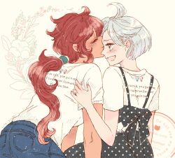 2girls black_skirt blue_pants blush closed_eyes commentary cool_(gundam_suisei_no_majo) denim flower from_behind grey_eyes gundam gundam_suisei_no_majo hots_(gundam_suisei_no_majo) jeans jewelry kiss kissing_forehead long_hair miorine_rembran multiple_girls open_mouth pants ponytail red_hair ring shirt short_hair short_sleeves skirt suletta_mercury suspender_skirt suspenders utai_yumi watermark wedding_ring white_hair white_shirt wife_and_wife yellow_background yuri