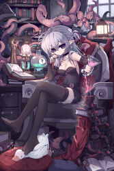 1girl absurdres armchair belt bird black_choker black_nails black_thighhighs blue_eyes book book_stack bookshelf breasts bright_pupils chair choker crossed_legs cushion detached_sleeves duck earrings elf flask full_body grey_hair highres holding holding_flask imazawa indoors jewelry lamp long_hair long_sleeves medium_breasts nail_polish no_shoes open_book original plant pointy_ears potted_plant revision sitting solo spaghetti_strap tentacles thighhighs white_pupils