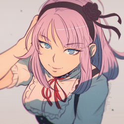 Rule 34 | 10s, 1girl, blue eyes, breasts, dagashi kashi, female focus, hairband, koyorin, long hair, looking at viewer, medium breasts, pink hair, shidare hotaru, smile, solo, upper body, watermark, web address