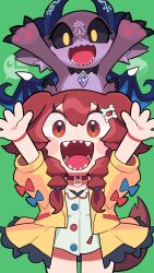 Rule 34 | 1girl, animal ears, arms up, black sclera, blush, bone hair ornament, braid, brown eyes, brown hair, collar, colored sclera, commentary, cowboy shot, debidebi debiru, demon horns, dog ears, dog girl, dog tail, gashi-gashi, hair ornament, highres, hololive, horns, inugami korone, inugami korone (1st costume), jacket, long hair, looking at viewer, nijisanji, no pupils, open clothes, open jacket, open mouth, red collar, sharp teeth, simple background, symbol-only commentary, tail, teeth, twin braids, virtual youtuber, yellow eyes, yellow jacket