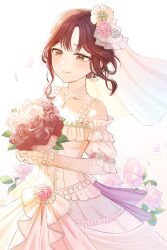 1girl bare_shoulders blush bouquet bridal_veil bride choker closed_mouth collarbone dress earrings flower frilled_dress frills hair_bun hair_flower hair_ornament highres holding holding_bouquet idolmaster idolmaster_shiny_colors jewelry kurageso long_hair official_alternate_costume official_alternate_hairstyle osaki_amana red_hair rose single_hair_bun smile solo veil wedding_dress white_choker white_dress yellow_eyes