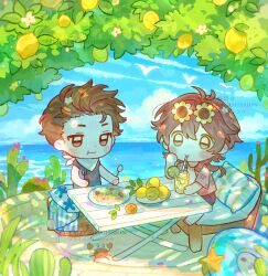 Rule 34 | 1boy, 1girl, :t, absurdres, bai yang zi, blue shirt, blush stickers, brown eyes, brown hair, chair, closed mouth, crab, cup, dappled sunlight, day, double-parted bangs, drinking, drinking glass, drinking straw, food, fruit, hair between eyes, highres, holding, holding spoon, lemon, lemonade, long hair, open clothes, open shirt, original, outdoors, pillow, plate, red hair, red shirt, salad, sandals, scarf, shirt, short hair, short sleeves, sitting, smile, spoon, standing, sunlight, watermark, white scarf