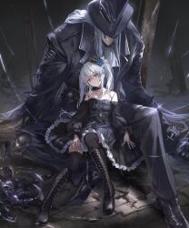 1boy 1girl ascot bare_shoulders black_boots black_choker black_dress black_hat black_jacket black_pants black_shoes black_thighhighs blue_flower boots breasts choker commentary doll doll_joints dress english_commentary flower frilled_dress frills full_body hair_flower hair_ornament hat head_tilt highres jacket joints knee_boots lace-up_boots lloyd_(granblue_fantasy) long_hair looking_at_viewer medium_breasts official_art orchis pants ponzu_(catponz) puppet_strings red_eyes second-party_source shadowverse shadowverse:_worlds_beyond shoes sidelocks sitting strapless strapless_dress thighhighs top_hat twintails white_ascot