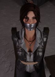 1girl 3d arms_behind_back bdsm bondage bound breasts brown_eyes brown_hair gag gagged improvised_gag iorel-renders jewelry lara_croft looking_at_viewer necklace tape tape_gag tied_to_chair tomb_raider