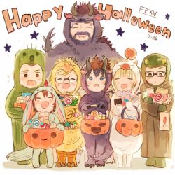 10s 2girls 5boys aged_down beard behemoth brother_and_sister candy carbuncle_(final_fantasy) child chocobo facial_hair fangs father_and_son final_fantasy final_fantasy_xv food gladiolus_amicitia glasses halloween halloween_costume happy happy_halloween ignis_scientia iris_amicitia looking_at_viewer lunafreya_nox_fleuret moogle multiple_boys multiple_girls noctis_lucis_caelum pomiko prompto_argentum regis_lucis_caelum sabotender siblings smile tonberry