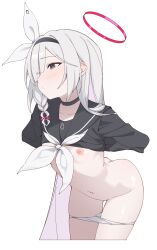 1girl arms_behind_back ass black_choker black_eyes black_hairband black_sailor_collar black_serafuku blue_archive blush braid choker closed_mouth colored_inner_hair flat_chest grey_hair hair_over_one_eye hairband halo highres long_hair multicolored_hair navel neckerchief nipples panties panty_pull pink_hair plana_(blue_archive) rakugaki_ningen red_halo sailor_collar school_uniform serafuku simple_background solo underwear very_long_hair white_background white_hair white_neckerchief white_panties