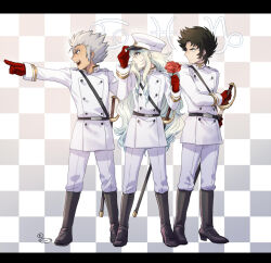 3boys adjusting_clothes adjusting_headwear alternate_costume belt black_belt black_boots black_hair blonde_hair blue_eyes blue_hair boots cancer_(symbol) cancer_death_mask capricorn_(symbol) capricorn_shura coat flower full_body gloves gradient_hair grey_hair hand_on_headwear hand_up hands_up hat holding holding_flower holding_sword holding_weapon knee_boots long_hair long_sleeves male_focus military_hat military_uniform mizuhara_aki mole mole_under_eye multicolored_hair multiple_boys open_mouth outstretched_arm outstretched_hand pants peaked_cap pisces_(symbol) pisces_aphrodite pointing rapier red_flower red_gloves red_rose ringlets rose saint_seiya sheath sheathed short_hair sideburns smile spiked_hair standing sword teeth trap two-tone_hair unsheathing upper_teeth_only v-shaped_eyebrows weapon white_coat white_hat white_pants