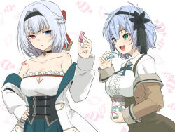 2girls :d assault_lily bare_shoulders belt belt_buckle black_belt black_choker black_flower black_hairband black_ribbon blue_eyes blue_hair blue_ribbon blue_sky bow_hairband braid breasts brown_skirt buckle buttons candy center_frills choker cleavage cleavage_cutout clothing_cutout collarbone collared_shirt commentary_request corset fang flower food food-themed_background frilled_shirt frills green_eyes grey_hair hair_between_eyes hair_flower hair_intakes hair_ornament hair_ribbon hairband half_up_braid hand_on_own_hip hand_up heart heart_choker herensuge_girls_academy_school_uniform heterochromia higashikuze_tokuko high-waist_skirt highres holding holding_candy holding_food holding_jar jacket jar large_breasts long_sleeves looking_at_another looking_at_food medium_hair multiple_belts multiple_girls neck_ribbon off_shoulder open_clothes open_jacket open_mouth pendant_choker pink_eyes ribbon school_uniform shirt shoulder_tattoo skirt sky sleeves_past_wrists smile strapless strapless_shirt suspender_skirt suspenders tattoo torii_miho underbust upper_body urutsu_sahari v-shaped_eyebrows white_background white_jacket white_shirt
