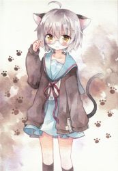 Rule 34 | 1girl, animal ears, black socks, blue skirt, blush, book, bow, brown cardigan, cardigan, cat ears, cat tail, glasses, holding, holding book, kita high school uniform, kneehighs, long sleeves, looking at viewer, moyo (k1rakira), nagato yuki, nagato yuki-chan no shoushitsu, purple hair, red bow, school uniform, serafuku, skirt, sleeves past wrists, socks, standing, suzumiya haruhi no shoushitsu, suzumiya haruhi no yuuutsu, tail, yellow eyes