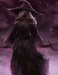 1girl bare_shoulders black_skin colored_skin elden_ring elden_ring_nightreign feet_out_of_frame full_body hat hat_over_eyes highres holding holding_staff large_hat locky0001 purple_hat purple_sleeves recluse_(elden_ring) simple_background solo staff standing witch witch_hat wooden_staff