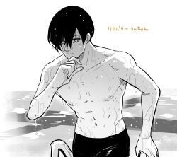 1boy abs blue_lock highres itoshi_rin looking_at_viewer male_focus male_swimwear mizuhara_aki monochrome navel pool solo toned toned_male topless_male upper_body water wet