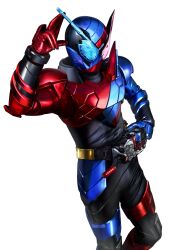 1boy 2017 armor black_bodysuit blue_armor blue_eyes bodysuit build_driver contrapposto rider_belt fullbottle gloves hand_on_belt helmet heterochromia highres kamen_rider kamen_rider_build kamen_rider_build_(series) male_focus masukudo_(hamamoto_hikaru) military_vehicle motor_vehicle rabbit rabbit+tank_form rabbit_fullbottle red_armor red_eyes red_gloves ribbed_bodysuit rider_belt shoulder_armor tank tank_fullbottle thighs tokusatsu white_background wrinkled_fabric
