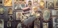 1girl 37_(reverse:1999) anniversary apple_(reverse:1999) black_coat black_hat blonney blue_feathers boater_hat bone_weapon bouquet coat druvis_iii facing_viewer feathers flower green_necktie grey_eyes grey_hair hat highres holding holding_bouquet isolde_(reverse:1999) jessica_(reverse:1999) jewelry kaalaa_baunaa lilya_(reverse:1999) ling_(chaaaaanhikari) looking_down lucy_(reverse:1999) marcus_(reverse:1999) melania_(reverse:1999) ms._radio necklace necktie painting_(object) pearl_necklace picture_frame regulus_(reverse:1999) reverse:1999 shade short_hair smile solo sonetto_(reverse:1999) sotheby spathodea_(reverse:1999) straight-on tooth_necklace unworn_jewelry unworn_necklace unworn_necktie upper_body vertin_(reverse:1999) vila_(reverse:1999) white_flower