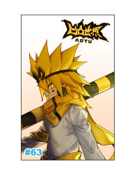 Rule 34 | 1boy, aotu world, black hairband, blonde hair, border, chinese commentary, closed mouth, copyright name, earrings, facial mark, from side, godrose (aotu world), gradient background, hair between eyes, hairband, highres, holding, holding polearm, holding weapon, jewelry, long sleeves, looking at viewer, male focus, numbered, official art, pointy ears, polearm, profile, qi chuang she, scarf, shirt, simple background, smile, solo, spiked hair, star (symbol), upper body, weapon, white background, white shirt, yellow eyes, yellow scarf