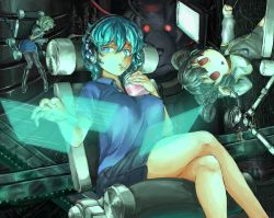 4girls alice_margatroid animal_ears black_legwear blonde_hair blue_hair breasts cookie_(touhou) crossed_legs drinking drinking_straw grey_hair headphones holographic_interface kawashiro_nitori kirisame_marisa kofji_(cookie) large_breasts long_hair looking_at_another looking_away mouse_ears multiple_girls nazrin pantyhose parted_lips short_hair sitting sugar_(cookie) touhou triangle_mouth upside-down web_(cookie) yma