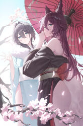 2girls absurdres alternate_costume animal_ear_fluff animal_ears aqua_eyes ass blue_kimono brown_hair brown_kimono cherry_blossoms closed_mouth day fox_ears fox_girl fox_tail fugue_(honkai:_star_rail) green_eyes hair_between_eyes half_updo hand_up highres honkai:_star_rail honkai_(series) japanese_clothes kimono long_bangs long_hair looking_at_viewer multiple_girls off_shoulder oil-paper_umbrella ruan_mei_(honkai:_star_rail) sash side_slit ske4682 tail tingyun_(honkai:_star_rail) umbrella white_sash