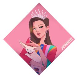 Rule 34 | 1girl, animal, black eyeliner, blackpink, brown hair, chalseu, commentary, crown, dog, english commentary, eyeliner, eyeshadow, hair behind ear, holding, holding animal, jennie (blackpink), k-pop, long hair, makeup, parted lips, pink background, real life, simple background, solo, upper body