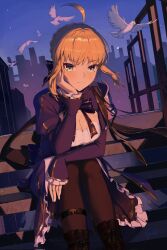 1girl absurdres ahoge animal aquilar armor artoria_pendragon_(fate) bird black_ribbon blue_dress blush breasts brown_pantyhose cleavage closed_mouth commentary dove dress english_commentary fate/stay_night fate/unlimited_blade_works fate_(series) green_eyes hair_ribbon head_rest highres honkai:_star_rail honkai_(series) long_sleeves looking_at_viewer official_alternate_costume pantyhose pauldrons ribbon saber_(fate) saber_(honkai:_star_rail)_(fate) short_hair shoulder_armor single_pauldron sitting sleeves_past_wrists small_breasts smile solo sunrise