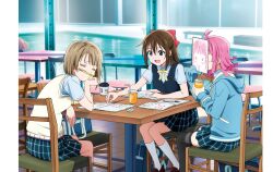 3girls absurdres ahoge artbook asymmetrical_hair bag black_thighhighs blue_eyes blue_hoodie blue_jacket blue_vest blunt_bangs blunt_ends bob_cut bow brown_hair chair closed_eyes collared_shirt cup drinking_straw elbows_on_table grey_hair hair_bow highres hood hoodie jacket long_hair love_live! love_live!_nijigasaki_high_school_idol_club multiple_girls nakasu_kasumi neck_ribbon nijigasaki_school_uniform non-web_source notebook official_art open_mouth osaka_shizuku pencil pink_hair plaid_clothes plaid_skirt pleated_skirt ponytail red_bow ribbon school_uniform shirt short_hair short_sleeves sidelocks sitting sketchbook skirt socks summer_uniform sweater_vest table tennoji_rina thighhighs vest white_shirt yellow_ribbon